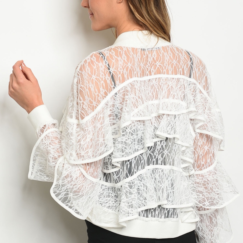 🌷SALE🌷Chic White Lace Ruffle Bomber - Picture 5 of 5